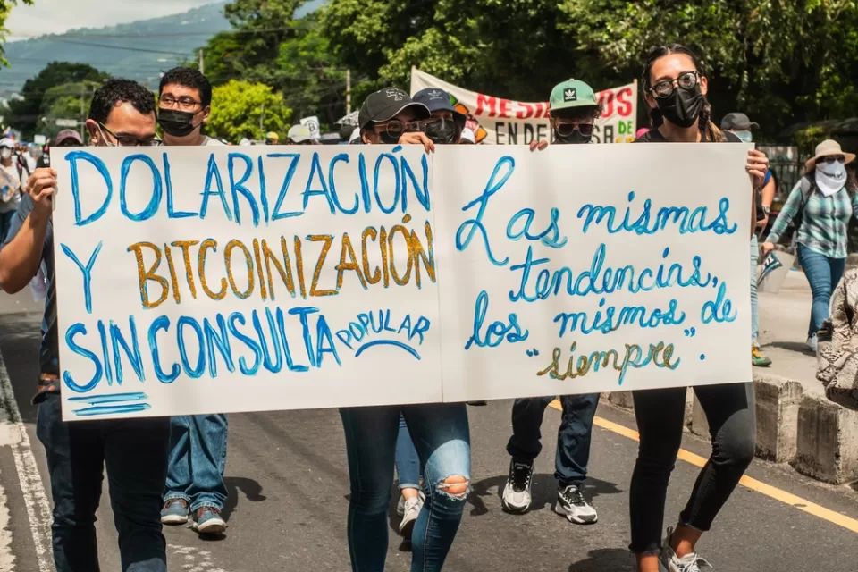 San Salvador, El Salvador - September 15th, 2021: Protesters walk in the streets of the city against the bitcoin policies of current president Nayib Bukele.